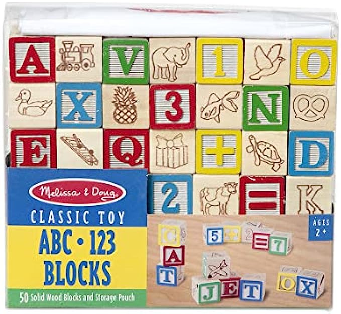 Melissa &amp; Doug Deluxe Wooden ABC/123 1-Inch Blocks Set With Storage Pouch (50 pcs)